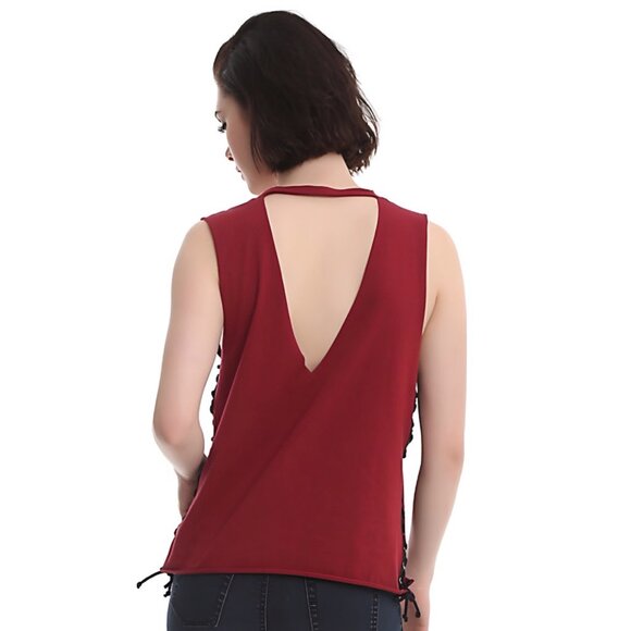 Hot Topic ✦ Red Punk V-Neck Cutout Tank Top ✦ Lace-Up Sides Alt-Core NWT Sz M - Picture 3 of 5